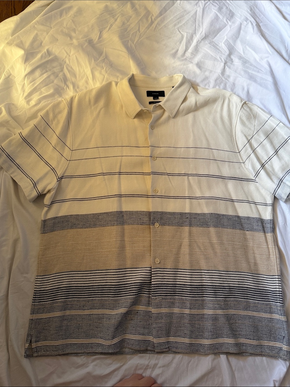 Vince Cream, Tan & Gray Striped Short Sleeve Button Shirt